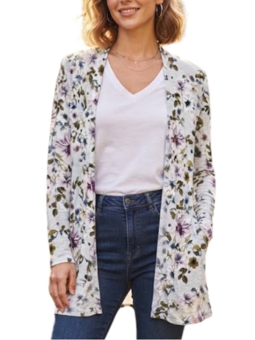 H&M Floral Print Open Front Cardigan Blue Ivory Size Medium Cottagecore